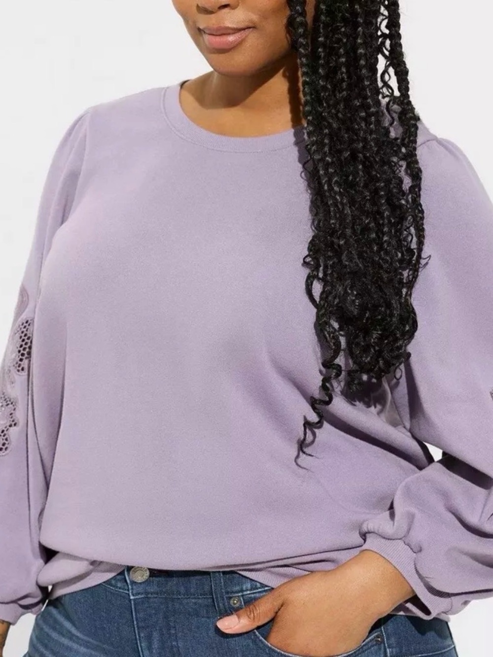 #A818 Torrid 0/Large Lilac Puff Sleeve Sweatshirt Lace Inset Detail Casual